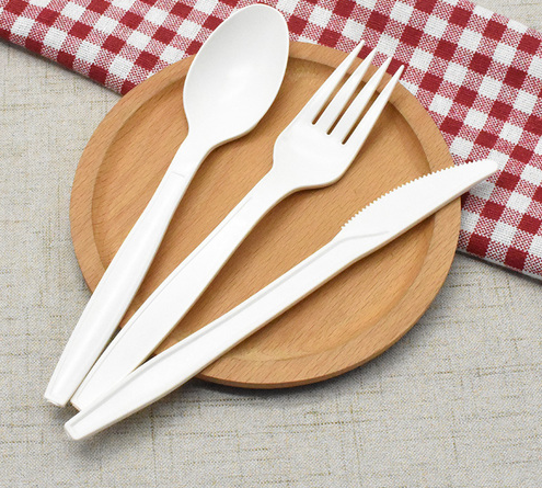 डिस्पोजेबल चाकू कांटा और चम्मच सेट इश्यू पीएलए पैकेज्ड टेकअवे डिग्रेडेबल सीप्लेए कटलरी के साथ 5