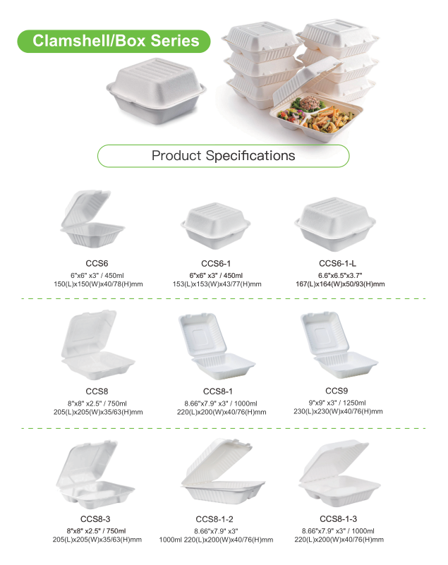 Compostabile Universale Eco-friendly 6" Clamshell Burger Takeaway Box Canne da zucchero Bagasse Biodegradabile Contenitore alimentare 4